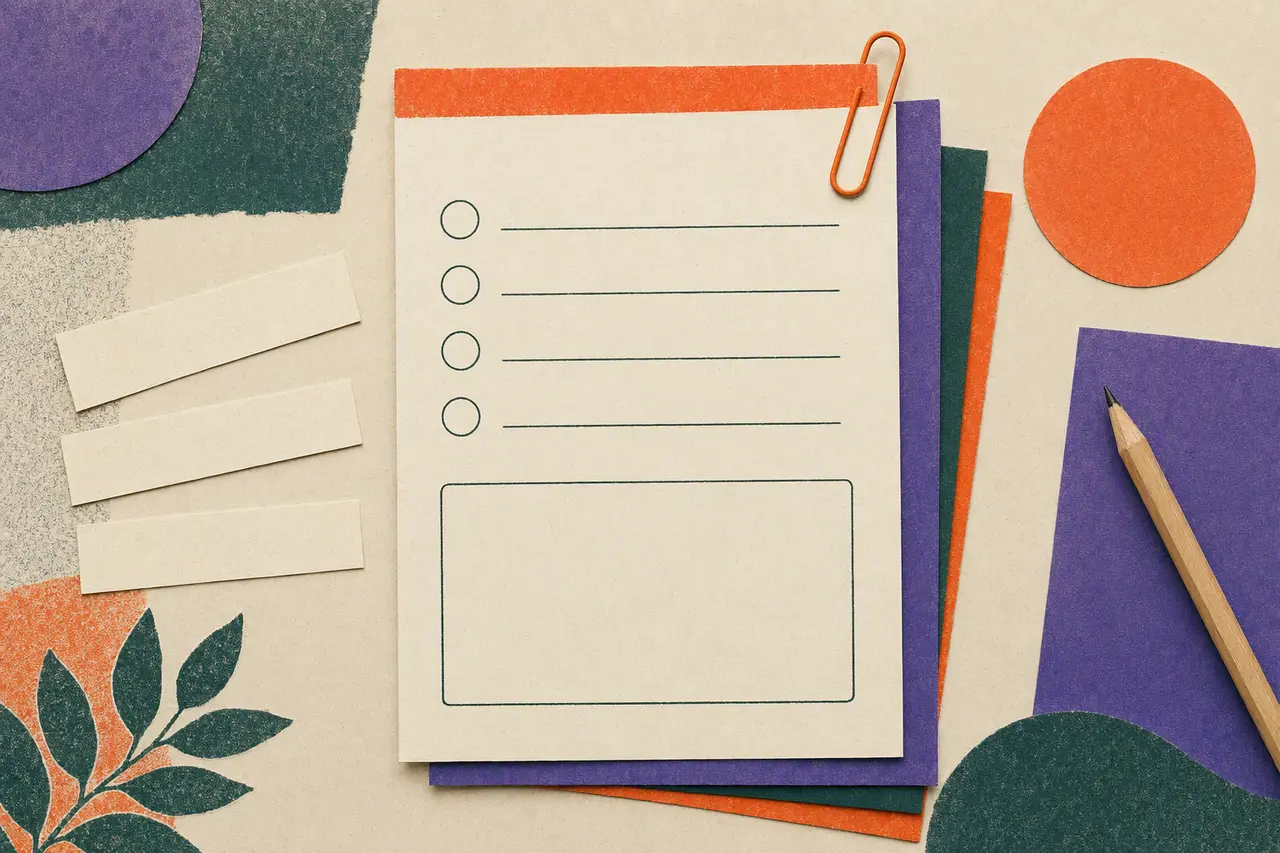 A tactile risograph collage of a lesson sheet, checklist, paper strips, pencil, and orange paperclip